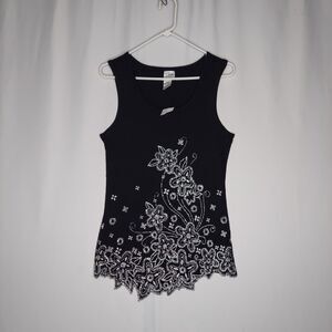 Fashion Bug Sleeveless Top Women Large Black Asymmetric Knit White Beaded Witchy